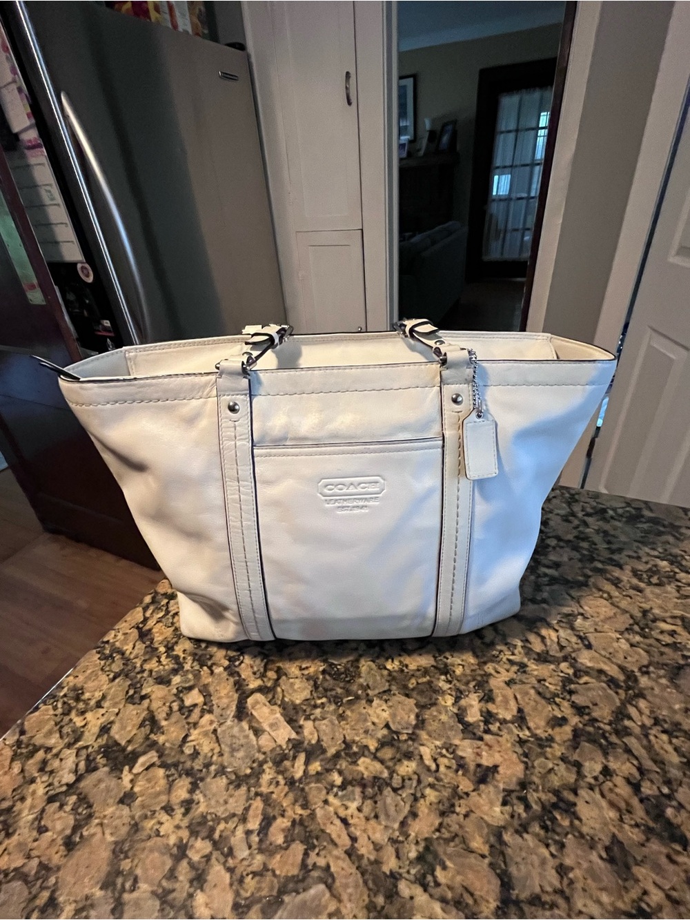 Coach White Leather Tote with Front Pocket and Tag